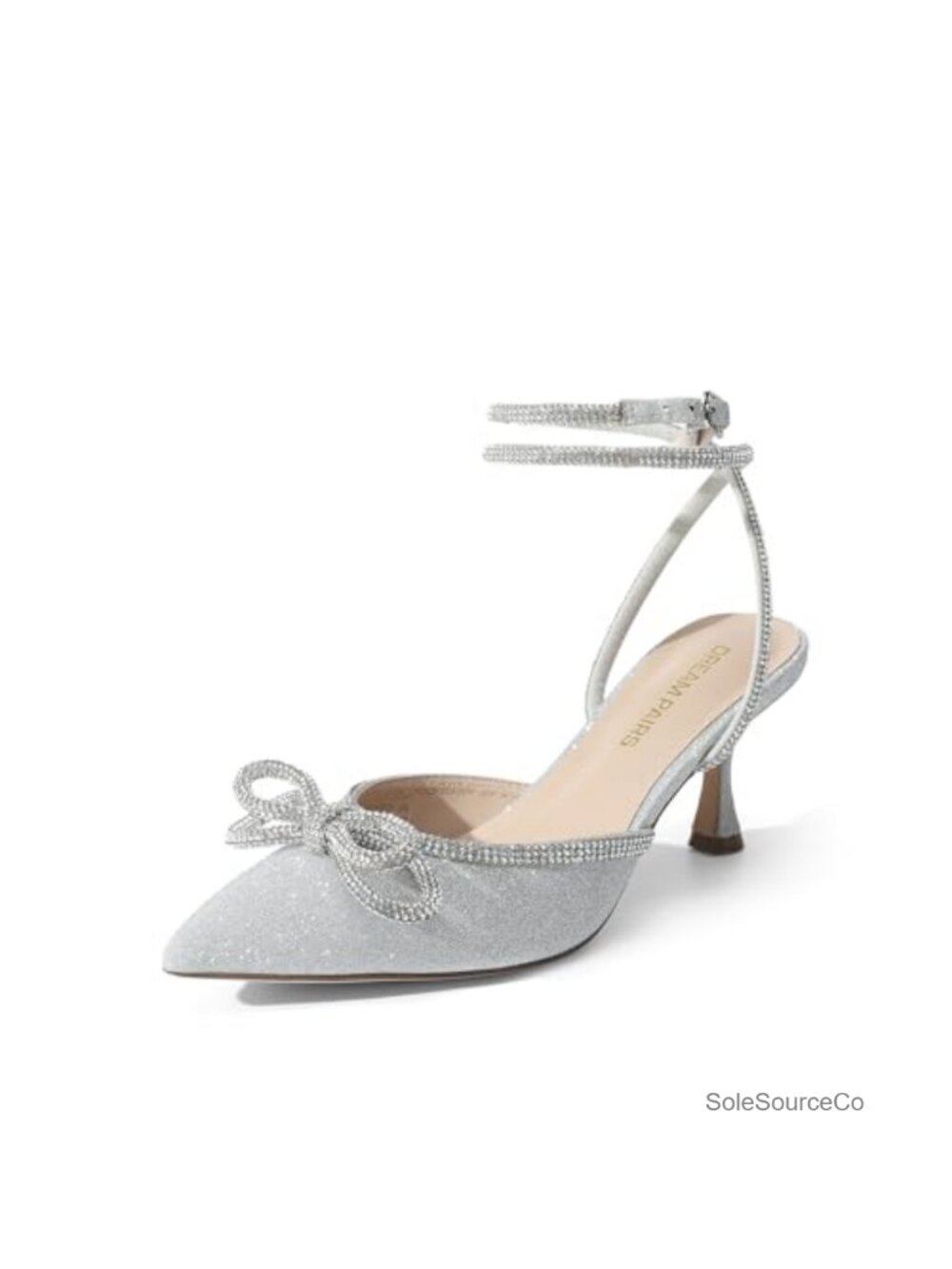 Rhinestone Bow Kitten Heel Pointed Toe Ankle Strap Slingback Pumps